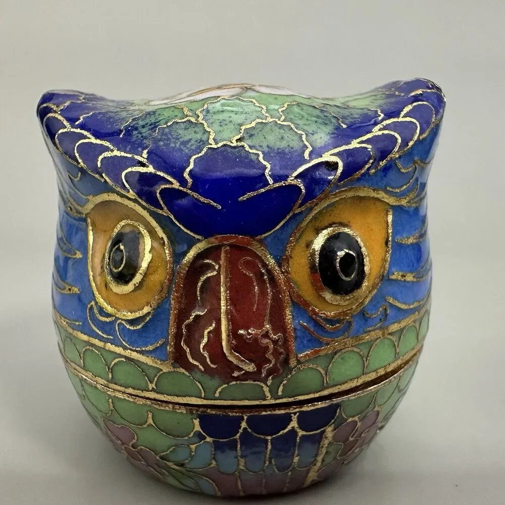 VTG Cloisonne Owl Trinket Box Mini Enamel Bird Figurine Jewelry Pill Box 2”